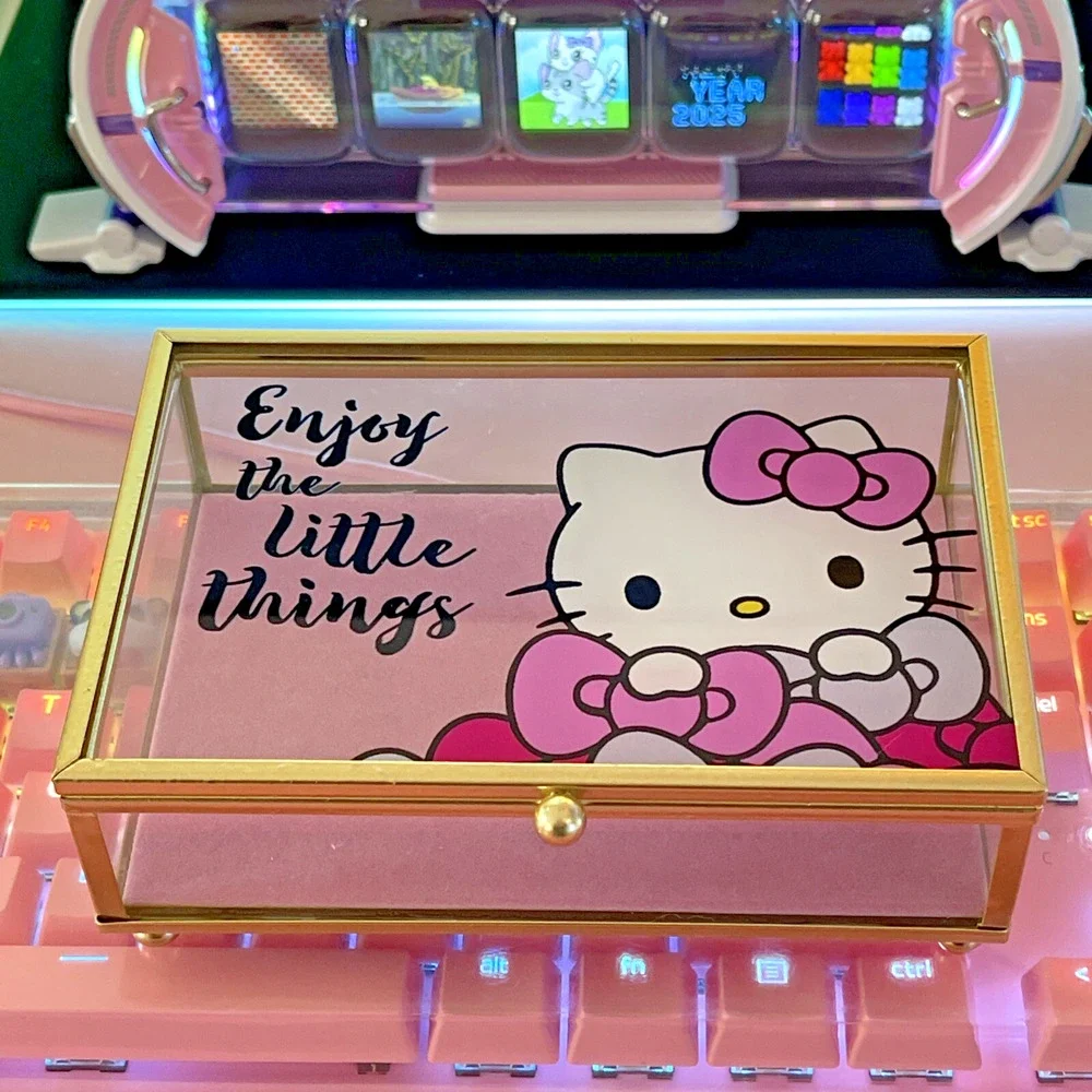 Hello Kitty Glass Jewelry Box Pink Lined Bottom Gold 6